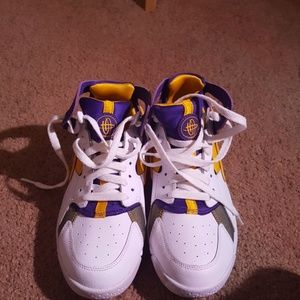 Gold, white and purple Huarache tennis shoes